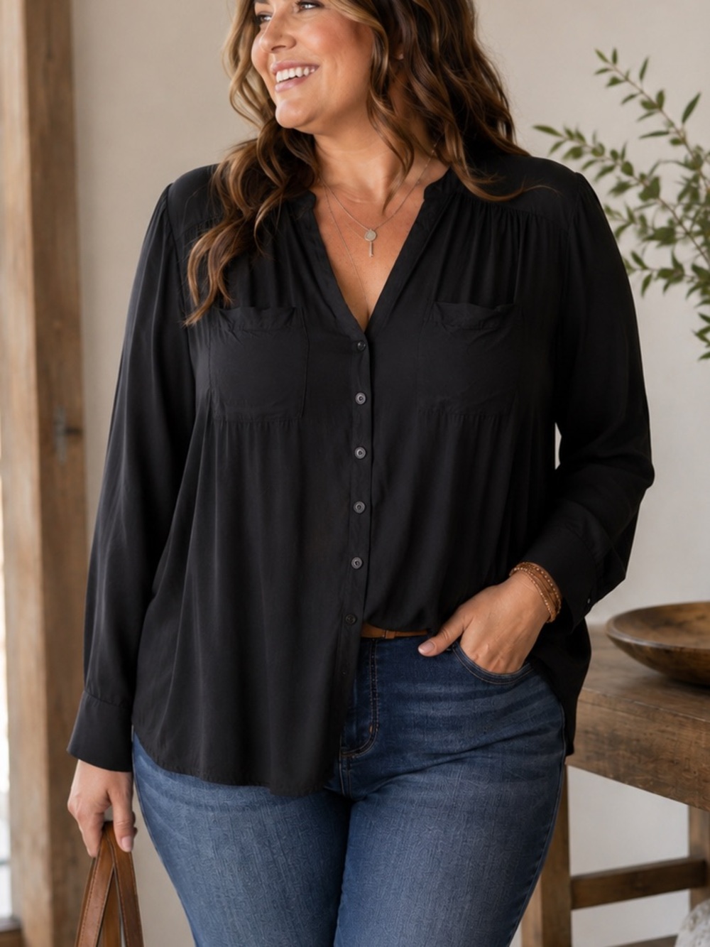 Torrid Harper Challis Button Front Black  Long Sleeve Tunic Top 1x